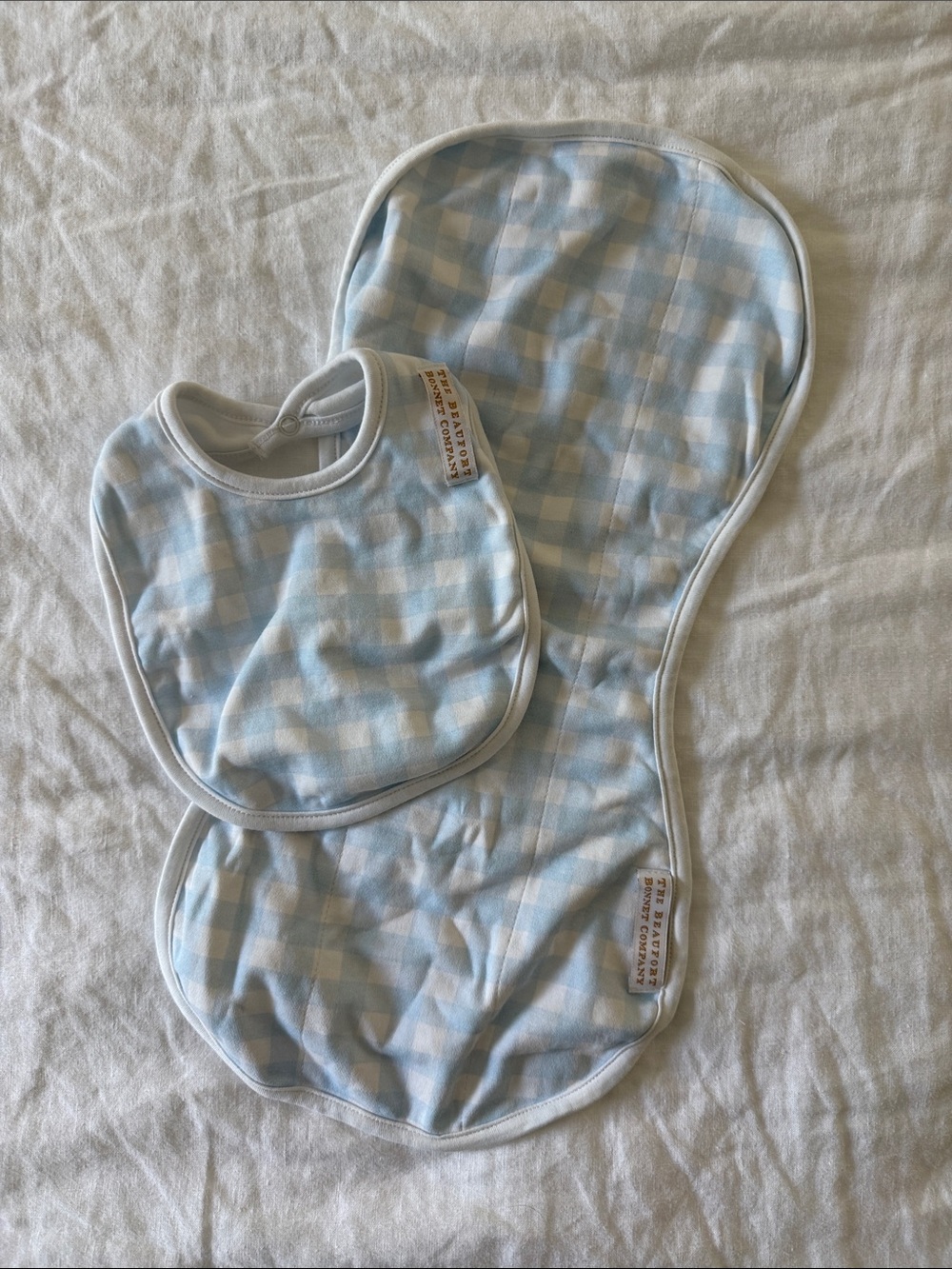 The Beaufort Bonnet Company Light Blue Gingham Bib and Burp Cloth Set